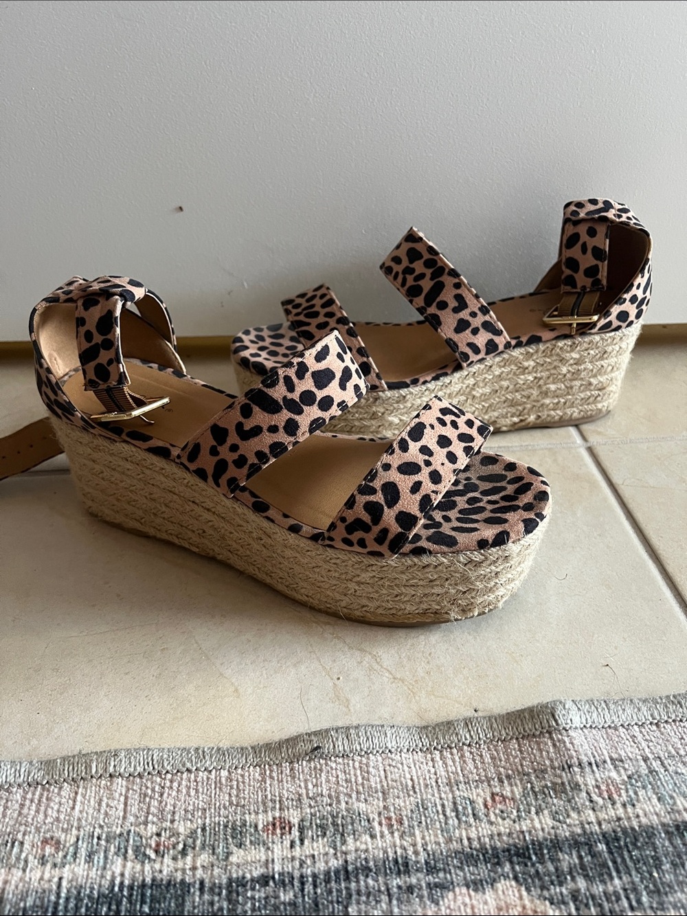Leopard Print Espadrille Wedge Sandals - Women's Pink Leopard